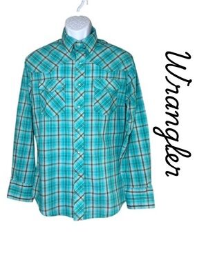 Wrangler Western Pearl Snap Plaid Turquoise Button Down Shirt Mens L Cowboy EUC!